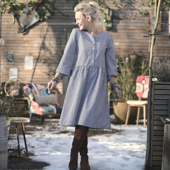 French Quintessence Elgantine Dress in Powder Blue Gingham Cotton - Picture 1 of 16